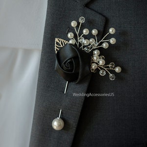 Black Gold Boutonniere, Gold Brooch Boutonniere, Gold Wedding, Grooms Pin, Brooch, Groom Silver Boutonniere, Black Brooch