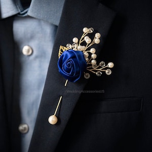 Royal Blue Gold Boutonniere, Royal Blue Brooch Boutonniere, Royal Blue Wedding, Blue Brooch, Royal Blue Silver Boutonniere, Royal Blue, Blue