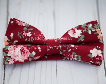 Burgundy Bow Tie, Dark Red Floral Bow Tie, Men's Floral Bow Tie, Wedding Groomsmen Bow Tie, Prom Bow Tie