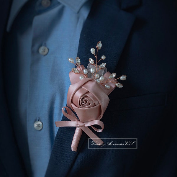 Rose Gold Boutonniere and Wrist Corsage, Dusty Pink Boutonniere, Pink Prom Boutonniere, Rose Gold Wedding Boutonniere, Rose Gold Wedding