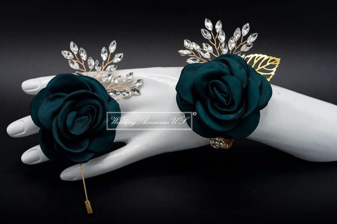 Emerald Boutonniere, Gold Boutonniere, Wedding Boutonniere, Green Rose