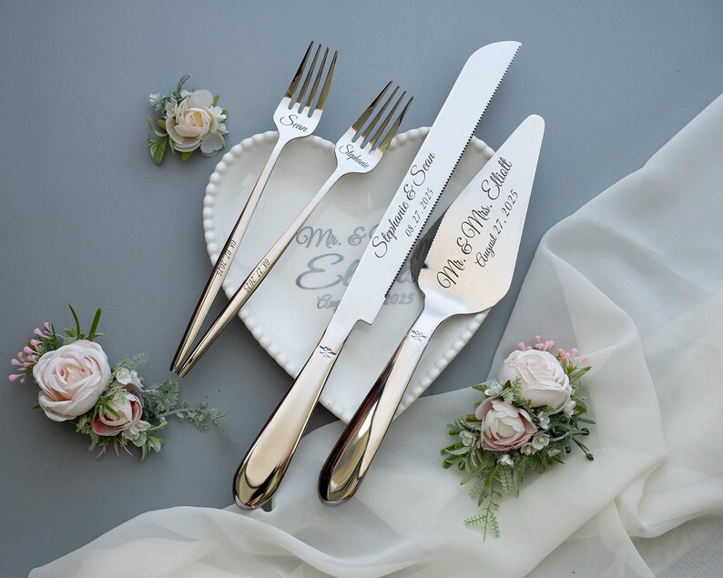 Personalized Wedding Cake Cutting Set: Stainless Steel Knife, Server & Forks