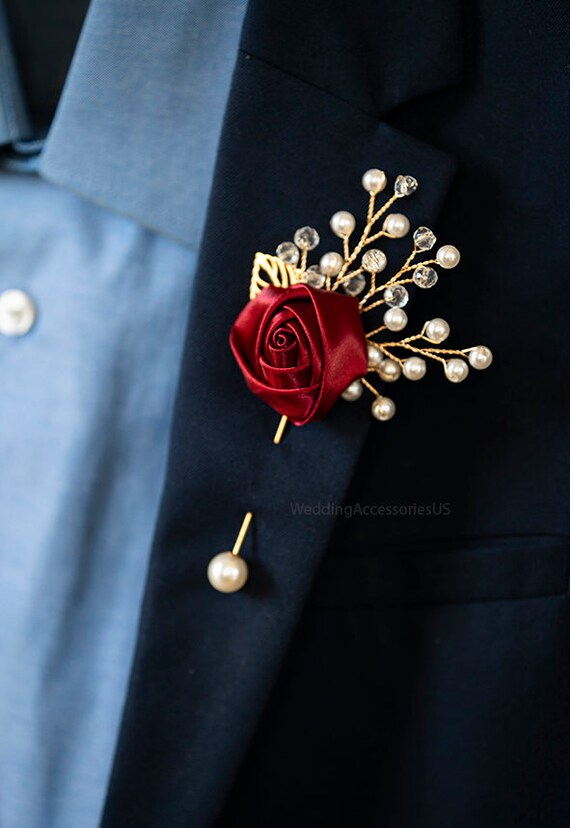 Burgundy Boutonniere Brooch Boutonniere Christmas Wedding