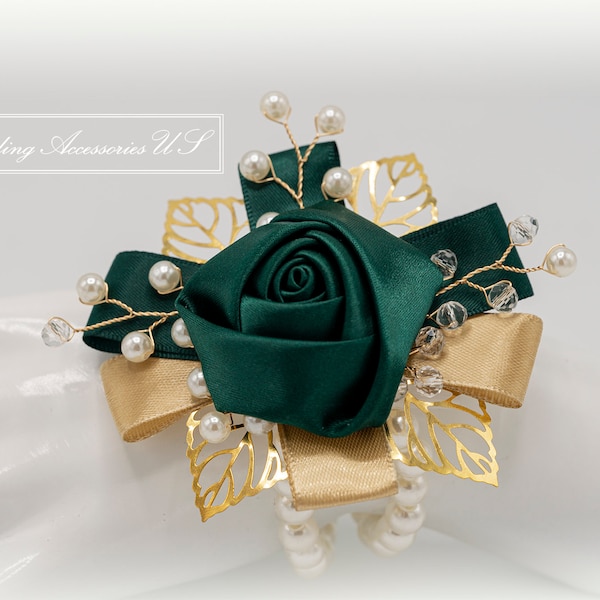 Emerald Corsage, Gold Corsage, Wrist Corsage, Wedding Corsage, Prom Corsage and Boutonniere, Homecoming Emerald Corsage and Boutonniere