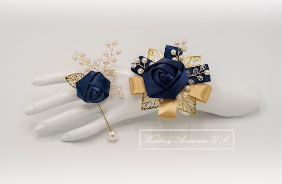 Navy Blue Boutonniere, Gold boutonniere, Satin Rose Boutonniere, Groom boutonniere, Prom Boutonniere