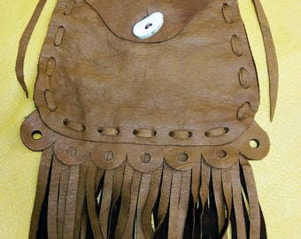 Fringed Leather Belt Pouch: Antler Button Closure
