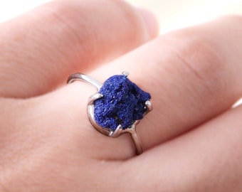 Certified Azurite Natural Gemstone Prong Ring, Sterling Silver Women Ring, Minimalist Ring