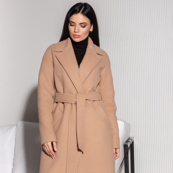 Women’s Long Belted Wool-Style Wrap Coat