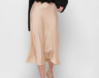 Silk Skirt , Black High Rise Silk Midi Slip Skirt , Your New Favourite Silk Skirt, Beige Romantic Silk Skirt , Pink Smart Casual Silk Skirt