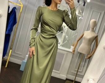 Wedding Guest Silk Dress, Bridesmaid Drape Maxi Silk Dress, Drape Maxi Silk Dress For Special Occasions, Elegant Silk Dress With Side Split