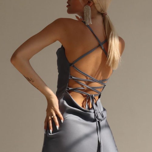 Grey Silk Cowl Neck Dress, Close-fitting Cut Satin Sexy Dress, Satin Bridesmaid Cowl Neck Dress, Satin Tie Straps Back Midi Dress,Slip Dress