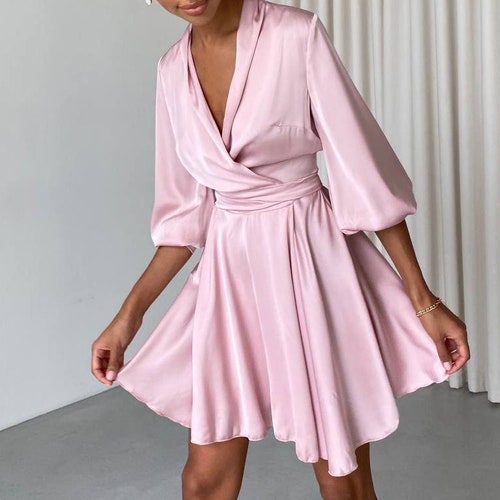 Silk Wrap Mini Dress Volume Sleeves Satin Dress for Special - Etsy