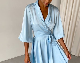 Silk Wrap Mini Dress, Special Occasions Volume Sleeves Silk Dress , Bridesmaid Skater Silk Dress, Wedding Guest Dress, Silk Birthday Dress