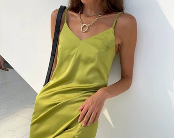Silk Bridesmaid V-Neck Cami Dress, Casual Cami Silk Slip Dress, Special Occasions Silk Slip Dress With Side Slit, Prom Midi Slip Dress