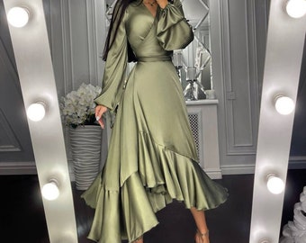 Silk Asymmetric Hem Midi Dress Bridesmaid Elegant Silk Dress