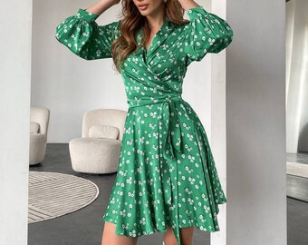 Silk Floral Wrap Mini Dress, Silk Bridesmaid Skater Dress, Volume Sleeves Silk Dress, Special Occasions Silk Mini Dress With Skater Skirt