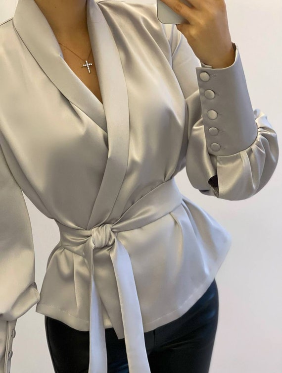 Satin Wrap Blouse, Button Detail Sleeve Silky Blouse , Satin Long