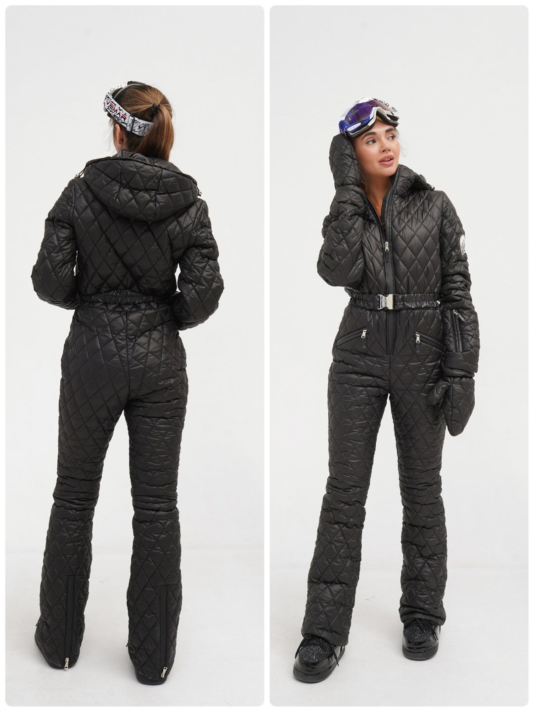 Women's Ski Suit in Black, Winter Quilted Ski Suit Fitted Belted Waist
