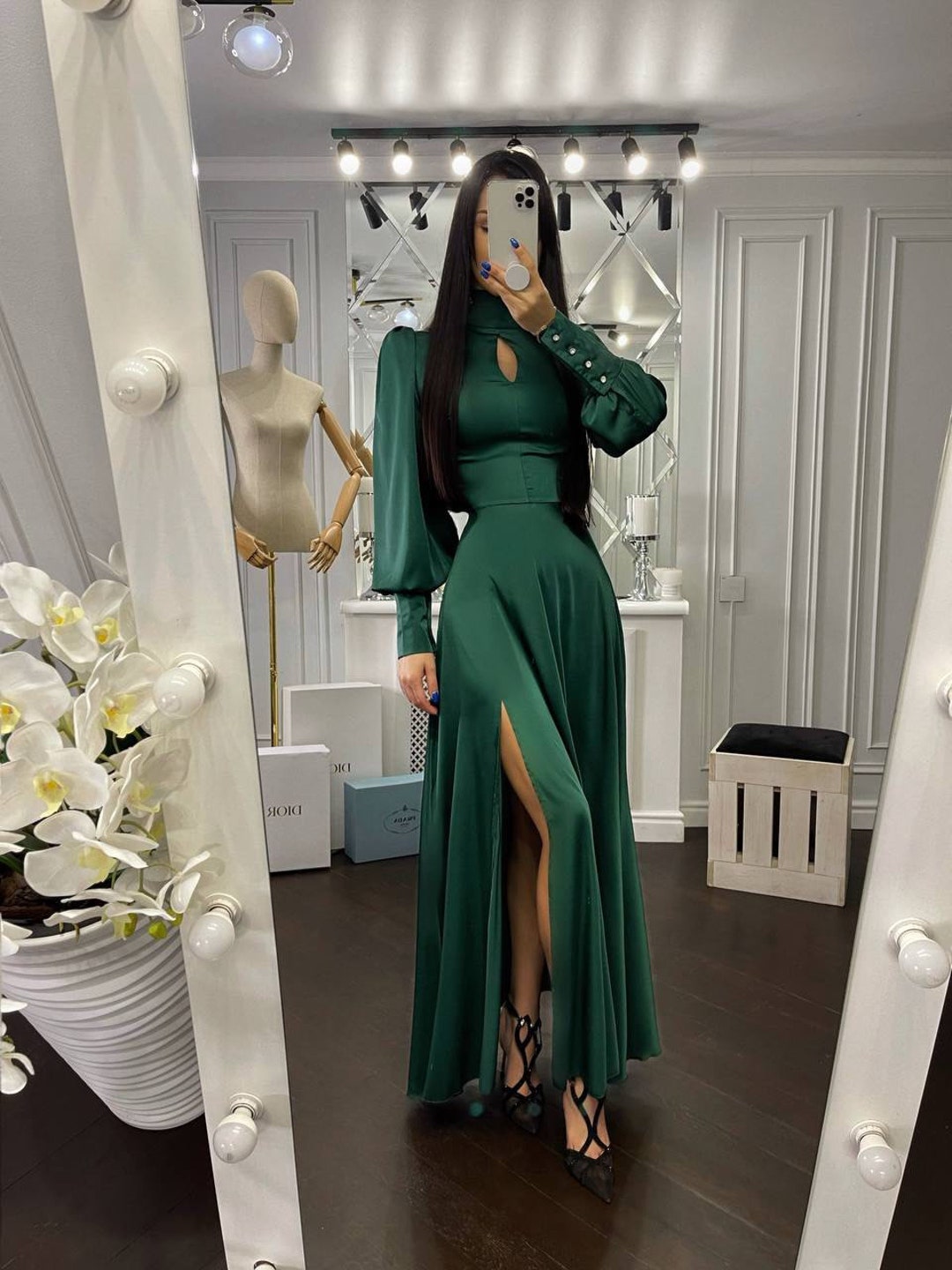 Emerald Green Wedding Guest Silk Dress, Special Occasions Maxi Silk