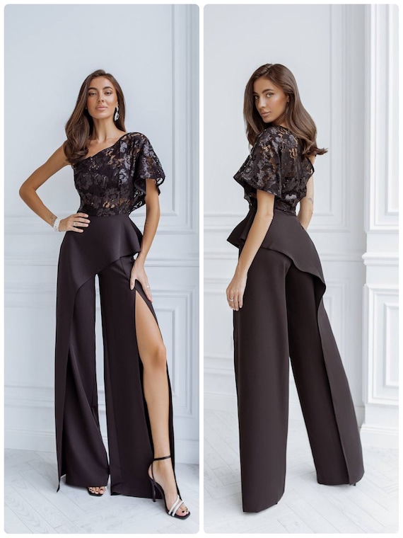 Black Formal Pantsuit 3pc, Wedding Guest Suit, Elegant Pantsuit 3pc, Lace  Sequin Top With Crop Top and Wide Leg Slit Pant 3pc, Prom Pantsuit 