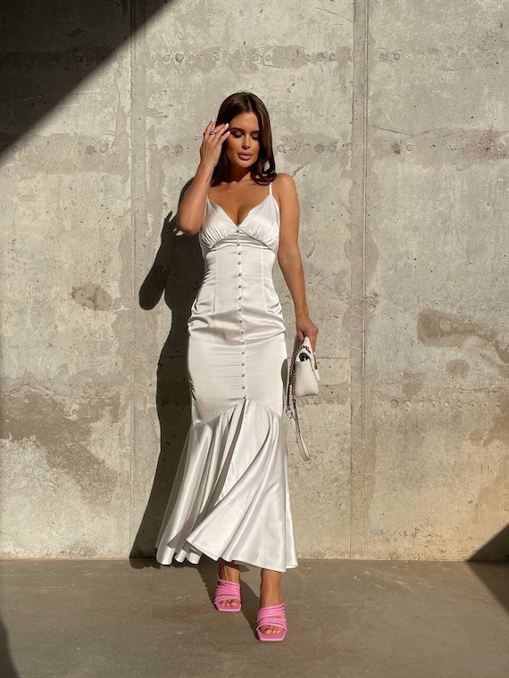 White Midi Slip Dress for Special Occasions, Wedding Guest Satin Silky Dress,  White Engagement Slip Dress, Satin Prom Dress, Cami Dress -  Canada