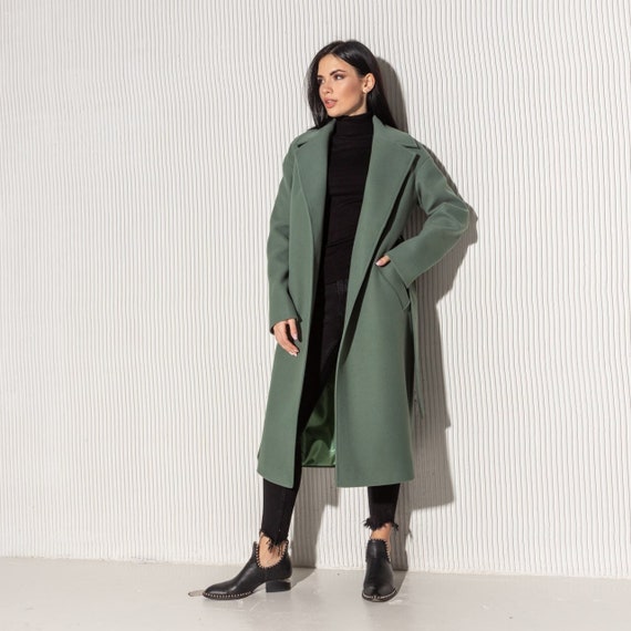 Sage Green Wrap Wool Coat, Women's Belted Coat, Spring Relaxed