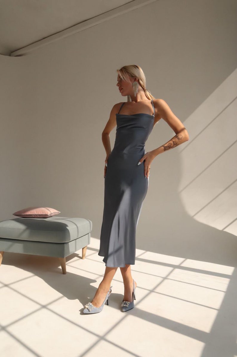 Grey Silk Cowl Neck Dress Close-fitting Cut Satin Sexy Dress image 4