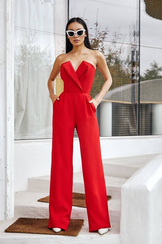 Mono rojo de pierna ancha para mujer, mono rojo con corsé para ocasiones  especiales, mono invitada a la boda, mono formal para mujer -  México