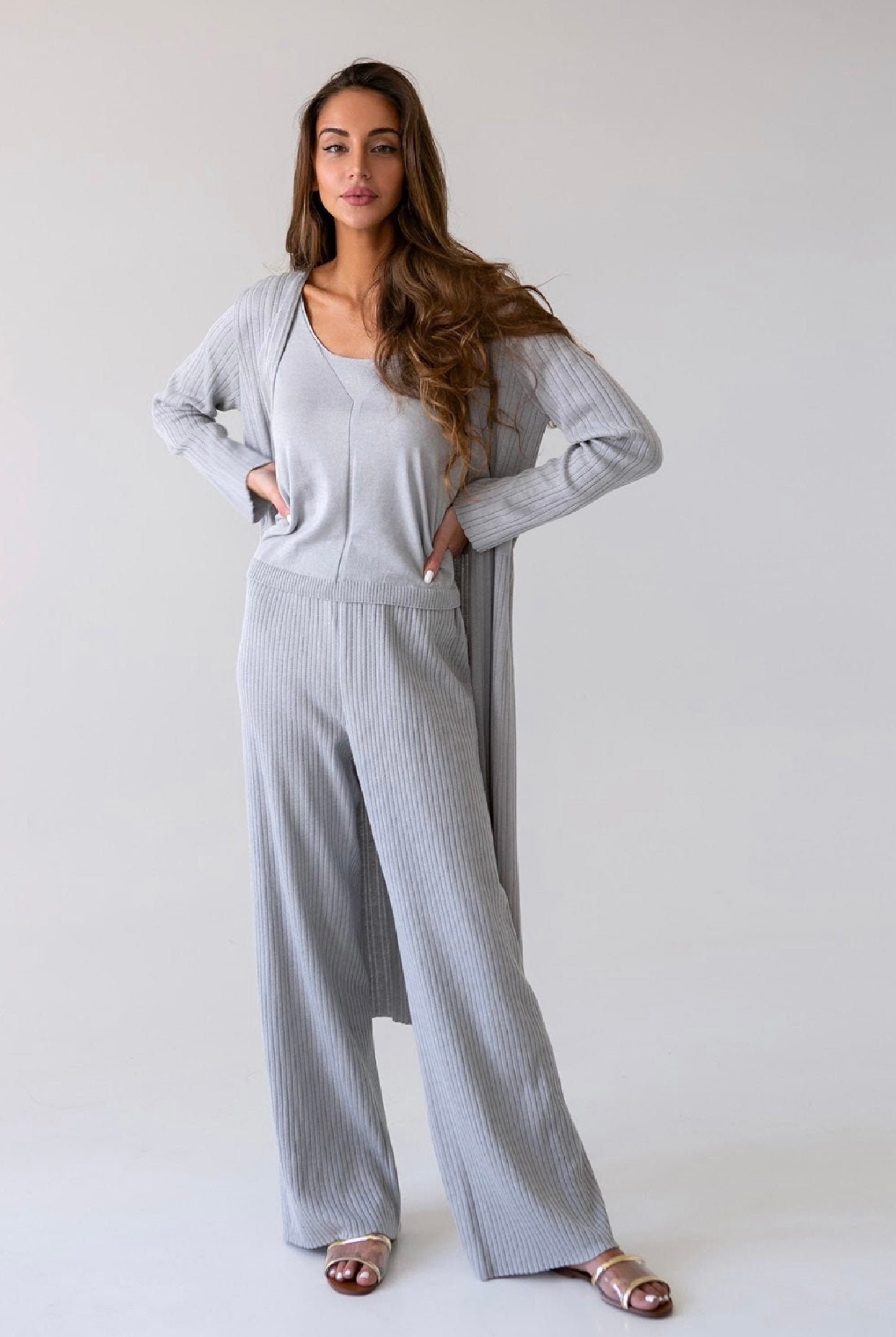 Casual Knitted Three-piece Set Slim Fit Vest with Cardigan and Wide-leg Pants main image 1
