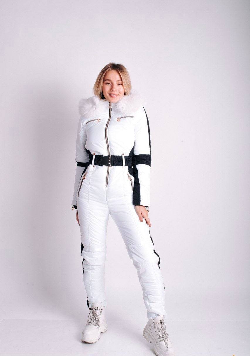 Women's Ski Suit in Black White, Zip Chest Pockets Snowfall Ski Suit, Ski  Suit Ladies, Ski Fitted Belted Ski Suit With Hood and Side Stripe -   Ireland