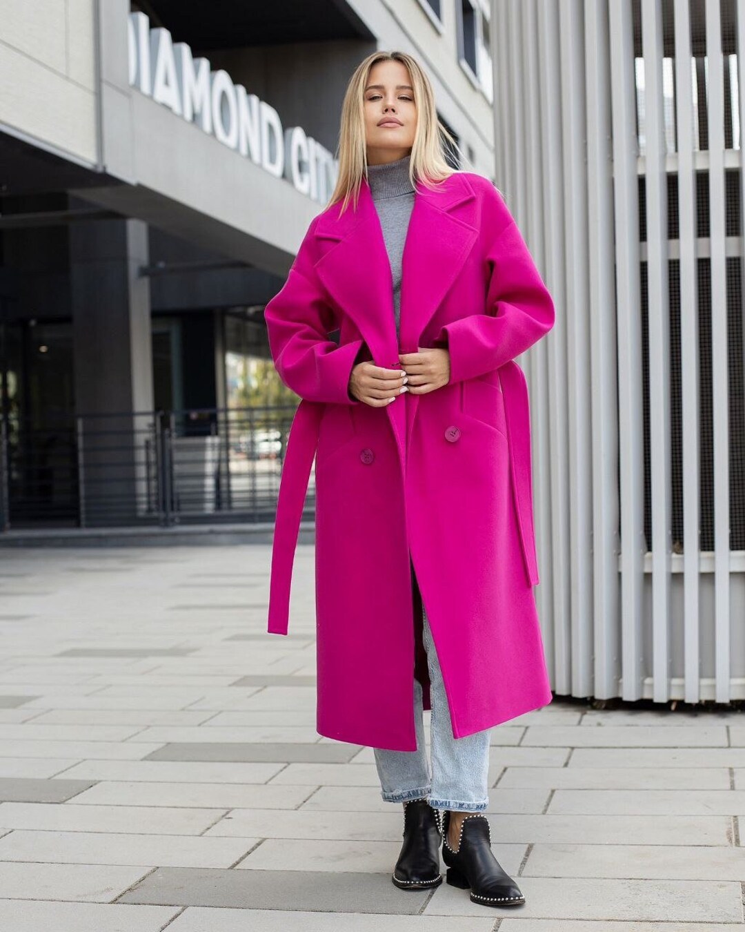 Hot Pink Wool Coat, Belted Doublebreasted Coat , Relaxed Wool Coat