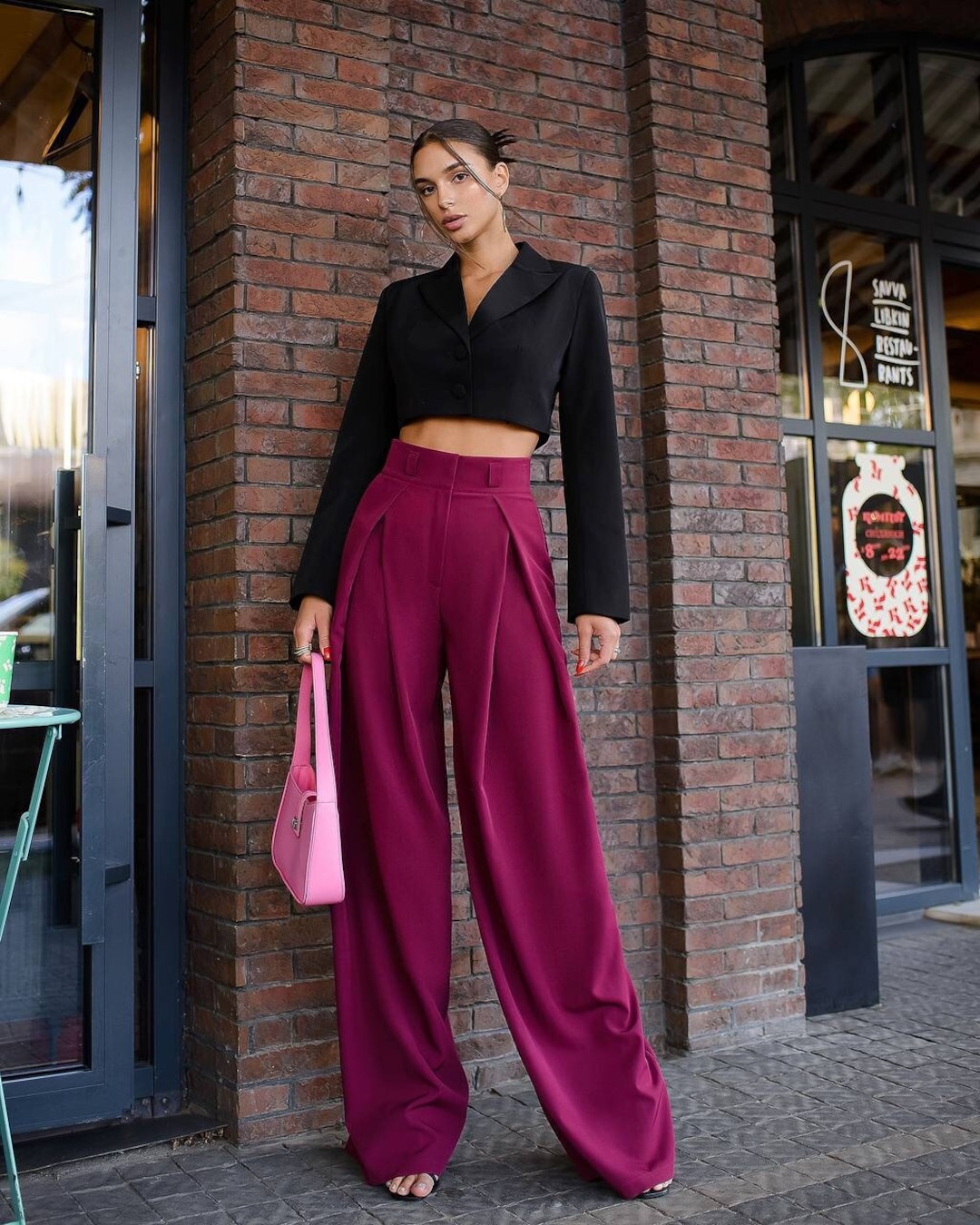 Women Burgundy Front Darted Palazzo Pants main image 1