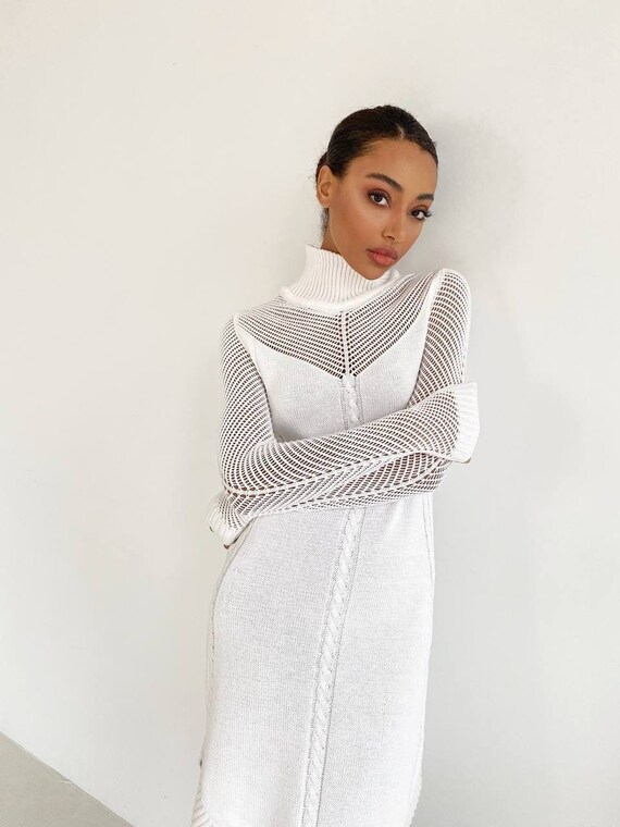 Knitted Cotton White Dress With High Neck, Knitted Jumper Dress With  Cable-knit Design, Openwork Dress for Everyday, Casual Knitted Dress 