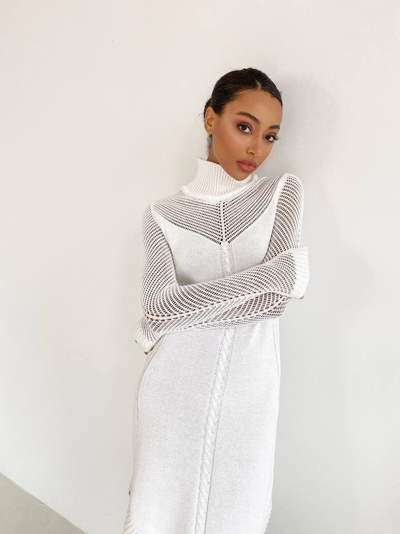 Knitted Cotton White Dress With High Neck, Knitted Jumper Dress With  Cable-knit Design, Openwork Dress for Everyday, Casual Knitted Dress 