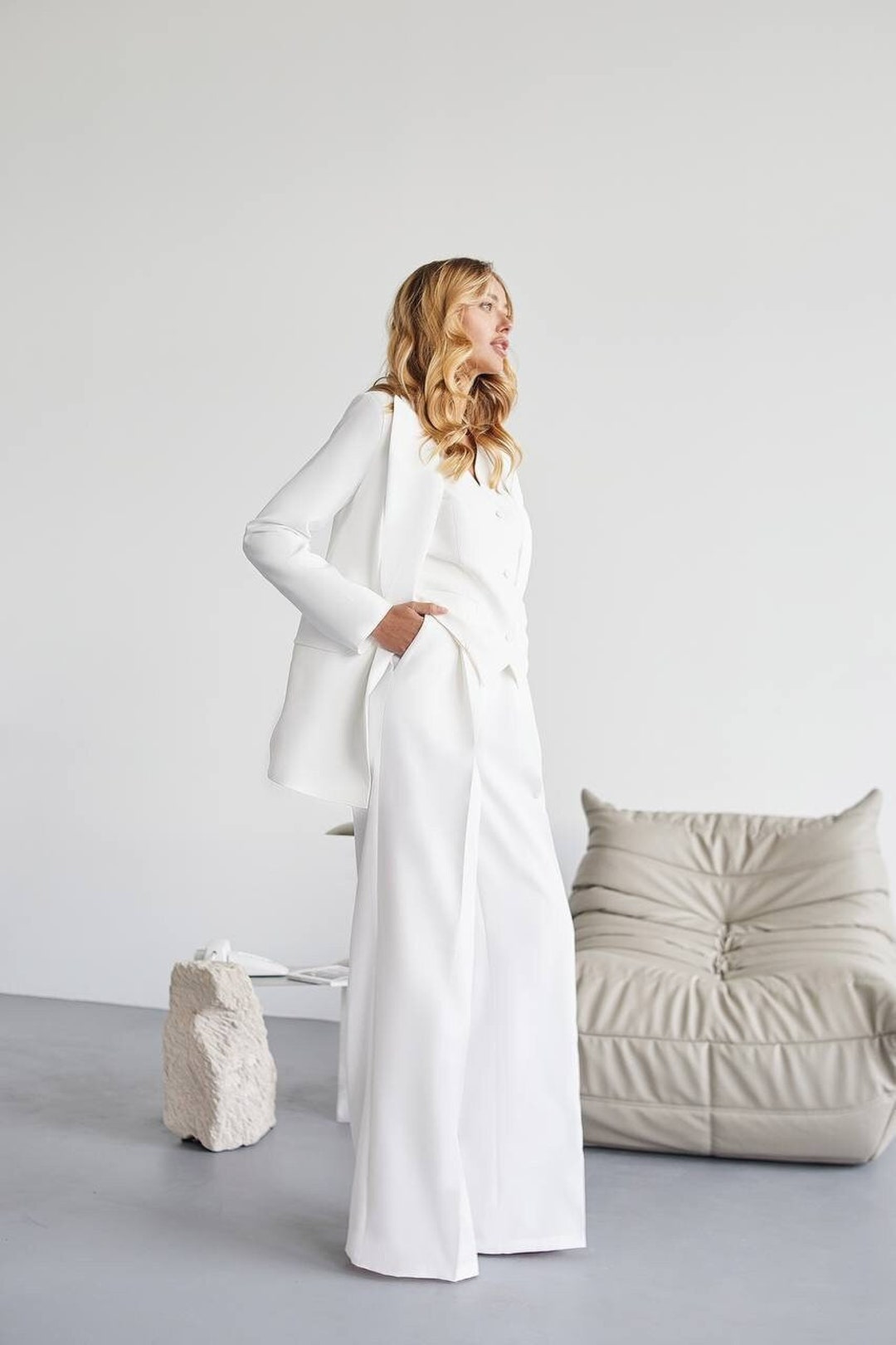 Milky Formal Pantsuit 3pc Oversazed Wedding Civil Pantsuit Etsy