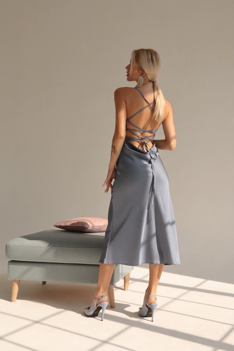 Grey Silk Cowl Neck Dress Close-fitting Cut Satin Sexy Dress image 2