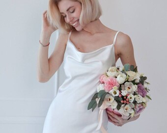 Maxi Satin Bridesmaid Cowl Neck  Dress In White,  Close-fitting Cut Satin Dress For Special Occasions, Elegant Silk Dress With Cowl Neck