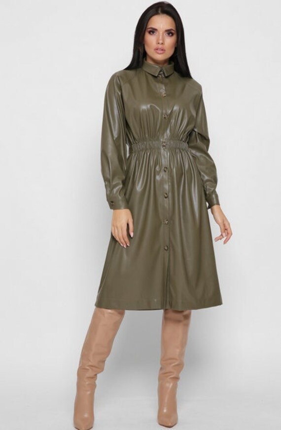 Eco Leather Shirt Dress Fitted Leather Dress Utility Button - Etsy
