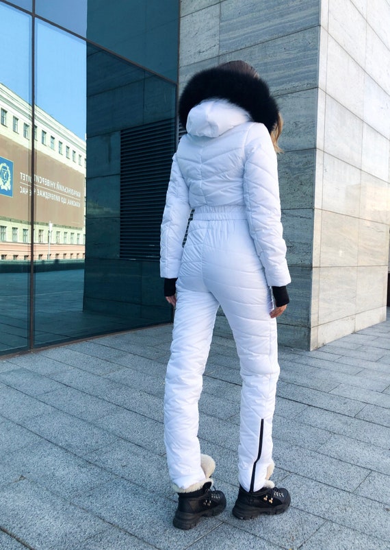Ski Fitted Belted Ski Suit With Fur Fox Hood, Ski Fitted Belted
