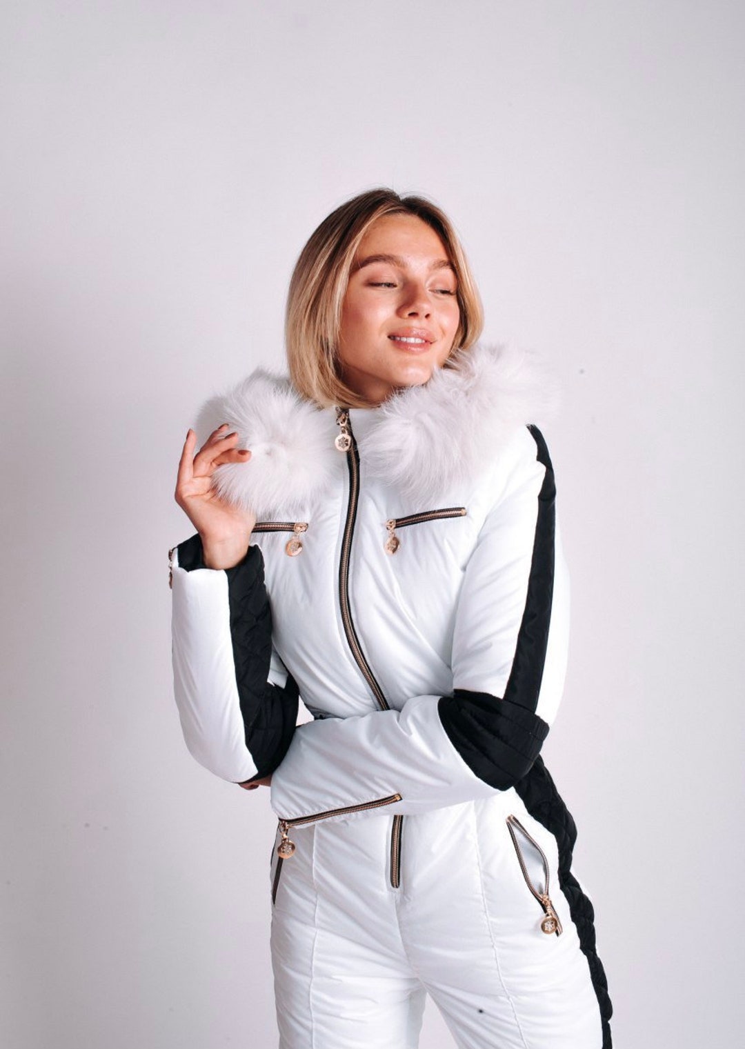 Women's Ski Suit in Black White, Zip Chest Pockets Snowfall Ski Suit, Ski Suit Ladies, Ski