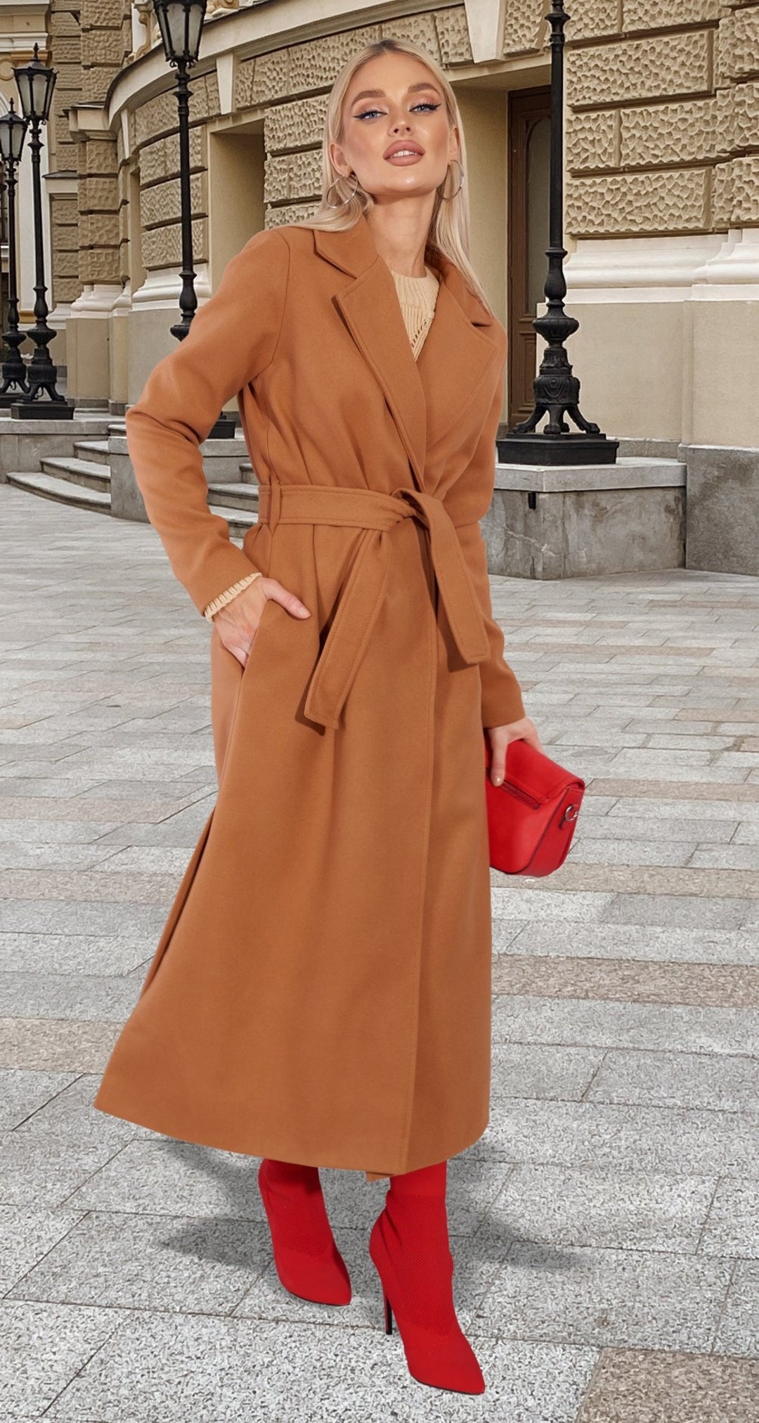 Camel Wrap Cashmere Coat Belted Coat Relaxed Wrap Wool Coat Etsy