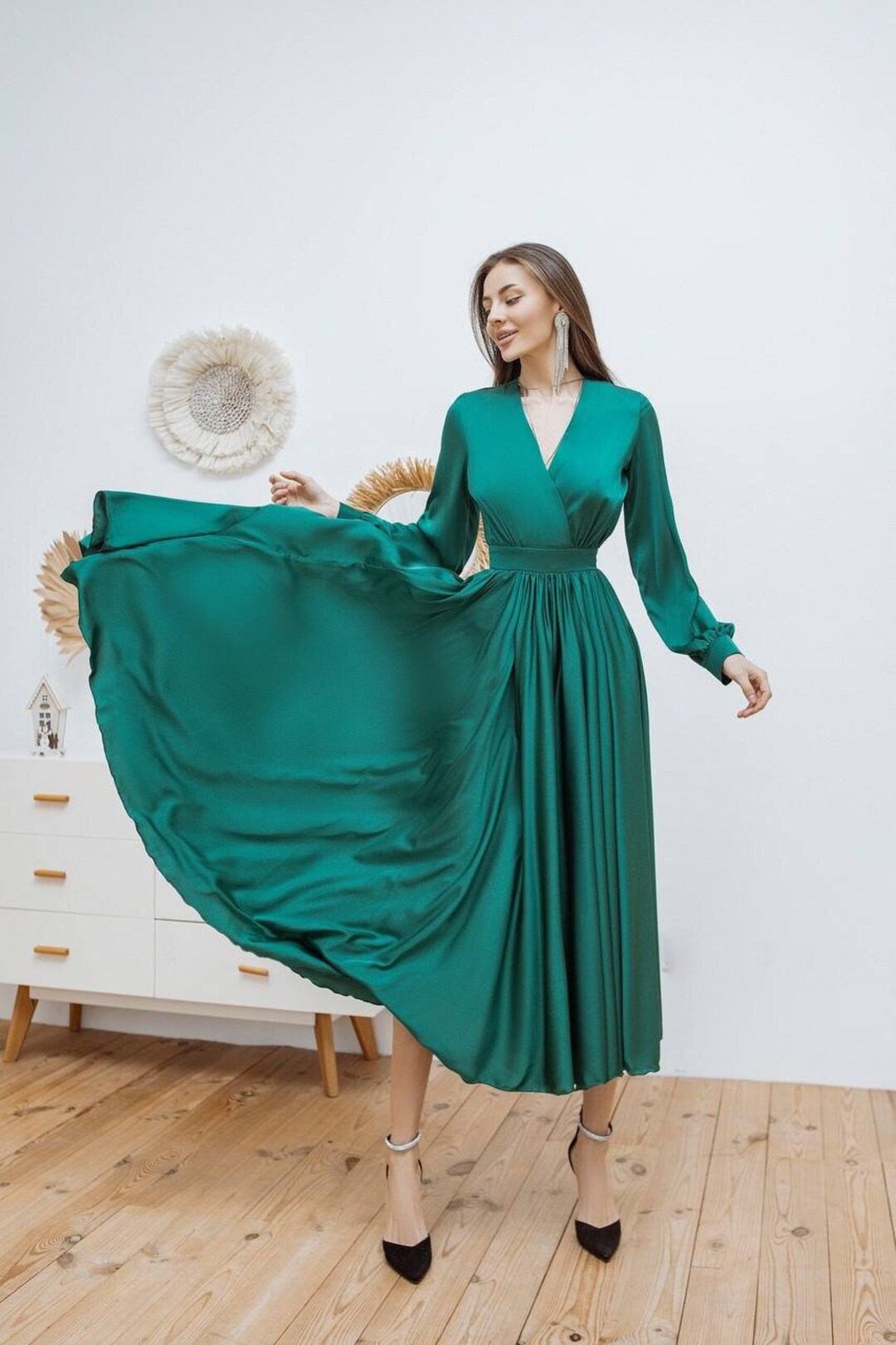 Emerald green long sleeve wrap dress sale