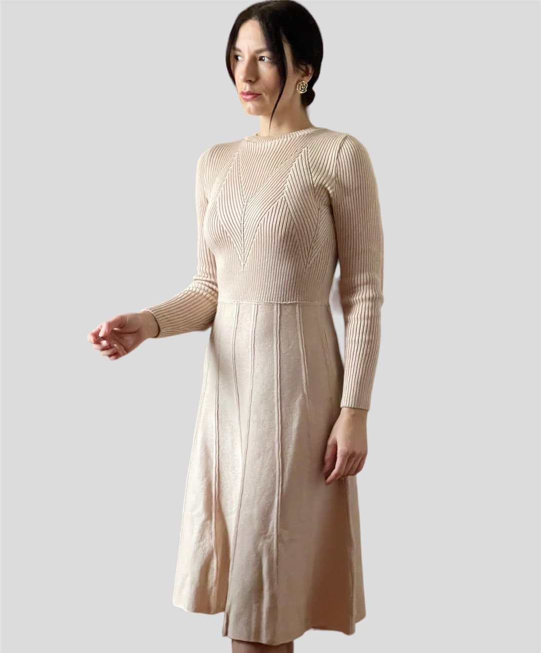 Knitted Panel Detail Midi Skater Dress, Cotton Knitted Midi Dress With