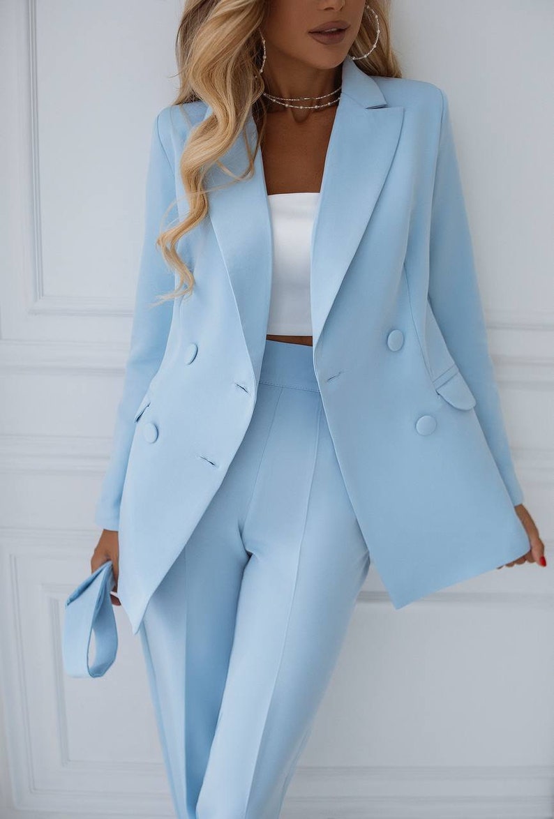 Light Blue Special Occasions Pantsuit 2pc Belted Suit Blazer - Etsy