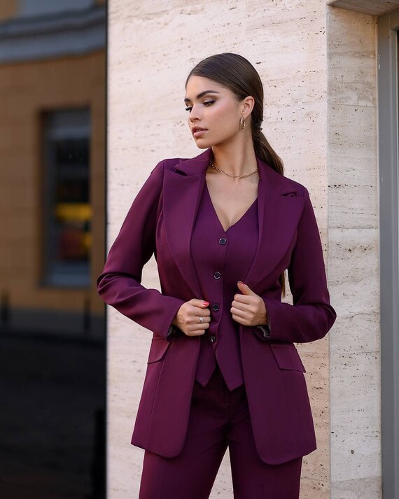 Burgundy Blazer Set for Women, Formal Pantsuit for Women, Chic Womens Pants  Suit, Womens Blazer and Pants Set, Double Breasted Blazer Set 