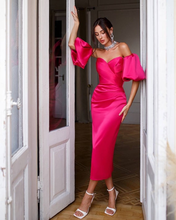 Hot Pink Satin Bandeau Midi Dress, Wedding Guest Dress, Satin Special  Occasions Bodycon Dress, Satin Corset Dress With Detachable Sleeves -   Canada