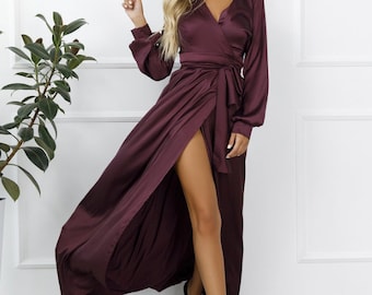 Wrap Satin Maxi Dress With Tie,  Satin Bridesmaid Maxi Dress, V-neck Bridesmaid Maxi Dress, Long Sleeves Silk Dress For Special Occasions