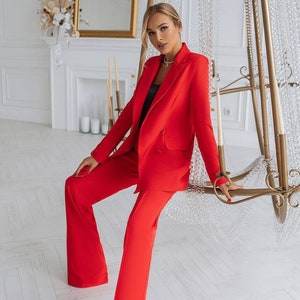 Red Special Occasions Pantsuit 2pc Belted Suit Blazer With - Etsy