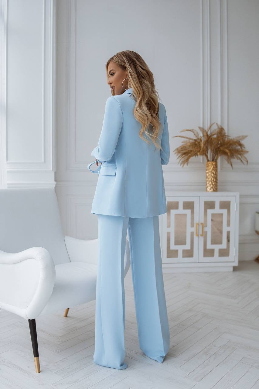 Light Blue Special Occasions Pantsuit 2pc, Belted Suit Blazer With Wide Leg  Trouser 2pc Set, Women's Business Pantsuit, Wedding Guest Suit 