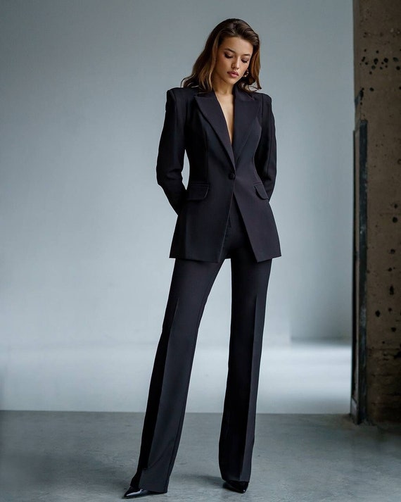 Black Formal Pantsuit 2pc, Business Chic Pantsuit, Fitted Single